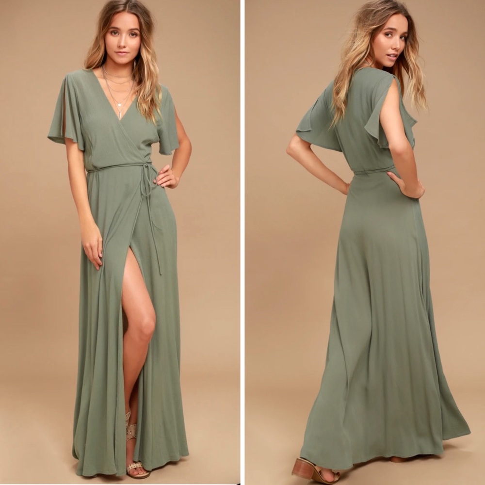 Lulu’s Much Obliged Washed Olive Green Wrap Maxi Dress Size Medium